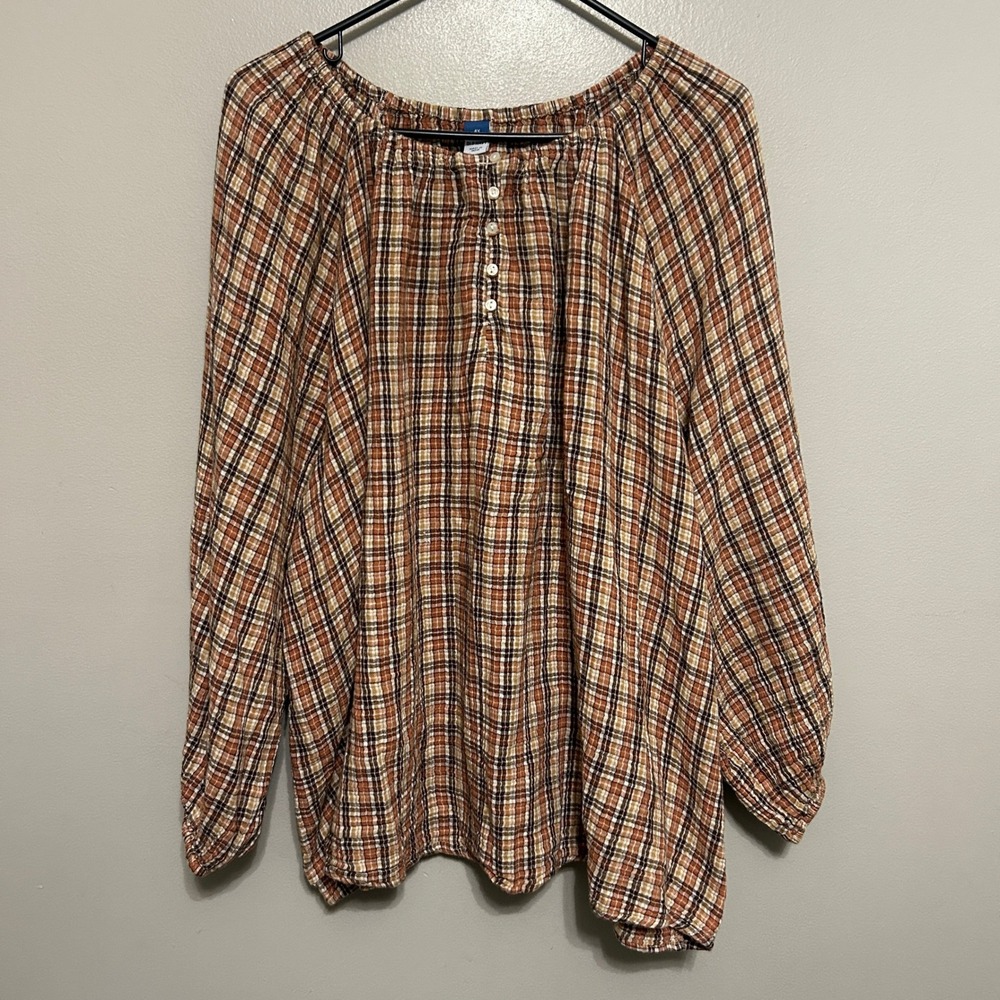 Old Navy Blouse 4X Orange Brown Plaid Gauze Henley Peasant Cottagecore Fall Chic